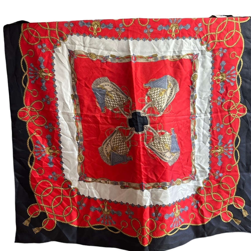 Hiroko Kapp 100% Silk Red Equestrian print Large scarf 34x33 1/2 Made in Japan.